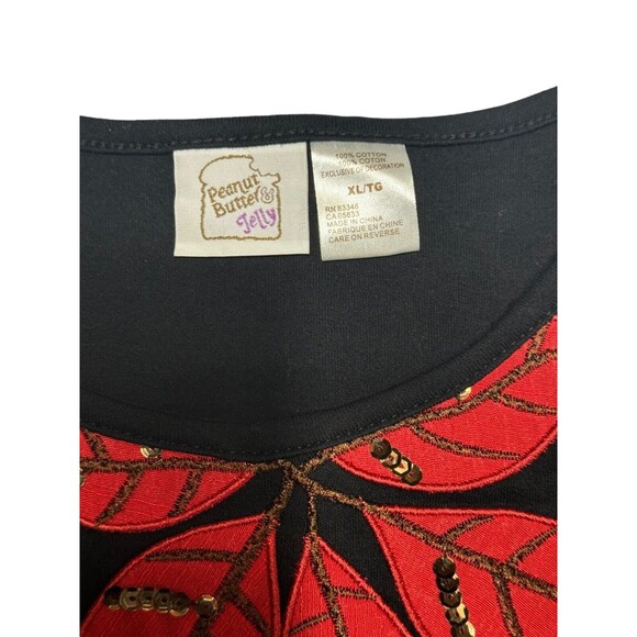 Vintage Peanut Butter & Jelly Black Sweater‎ Red Poinsettia Sequin Women’s XL - Picture 7 of 11